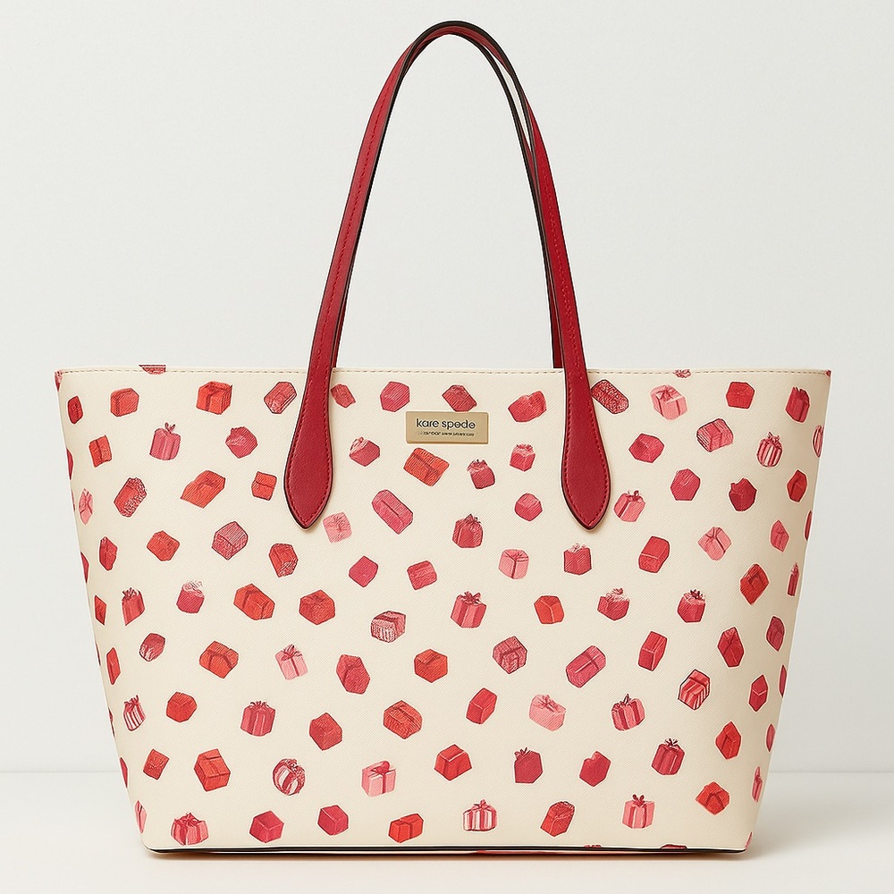 Kate Spade Cream and Red Holiday Patterned Tote
